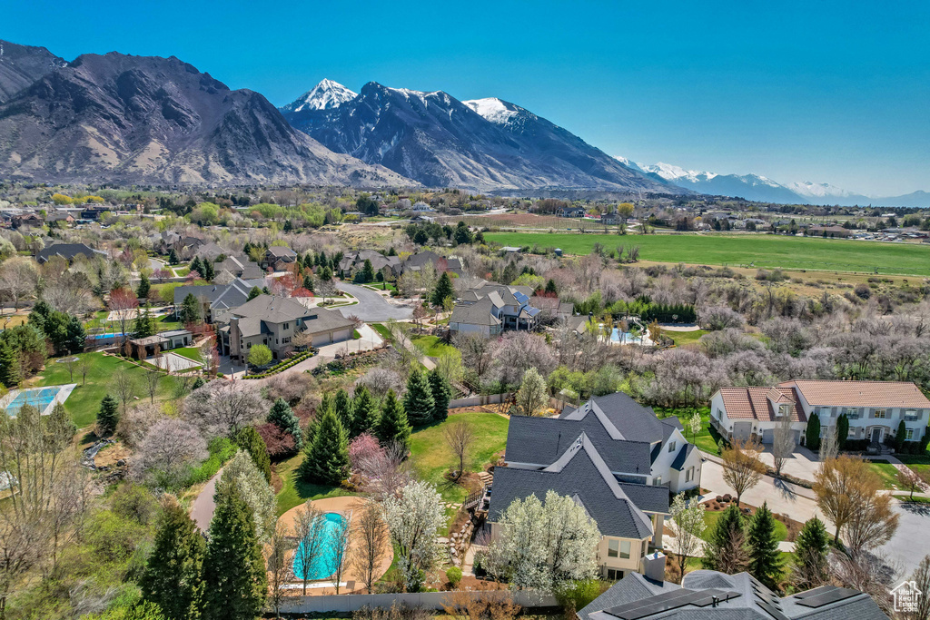 Birds eye view of property with a mountain view and a residential view