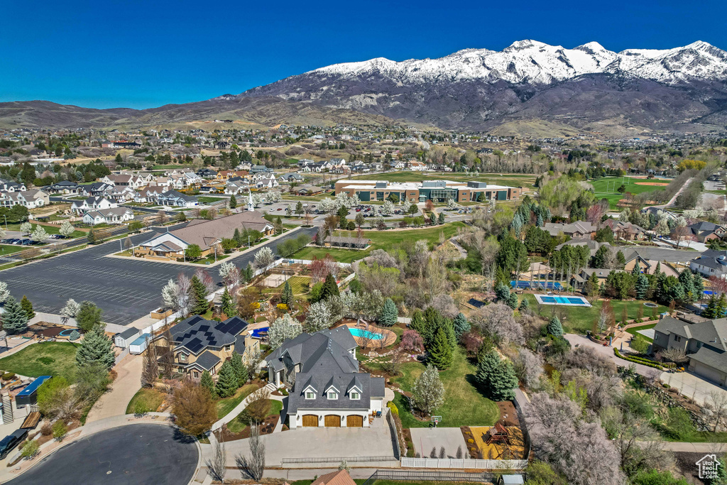 Aerial view featuring a mountain view and a residential view