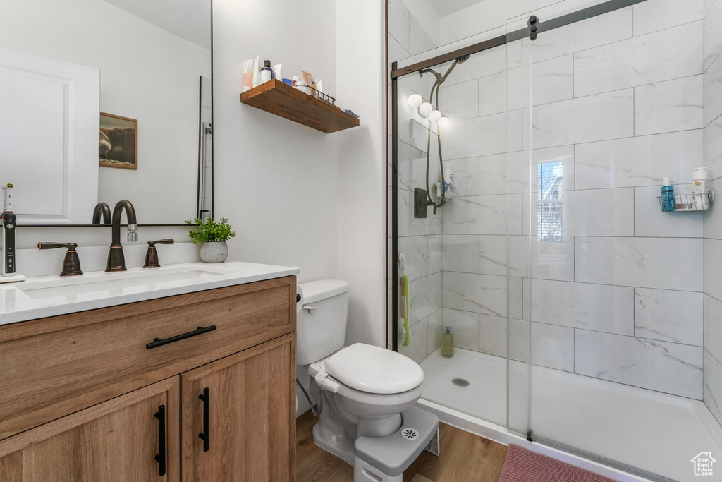Bathroom featuring toilet, a stall shower, wood finished floors, and vanity
