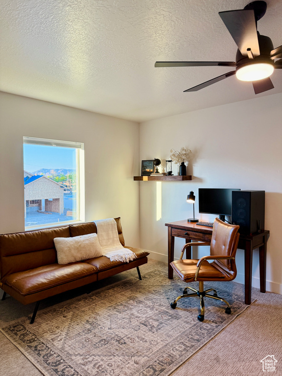 Office area with carpet floors, a textured ceiling, and ceiling fan