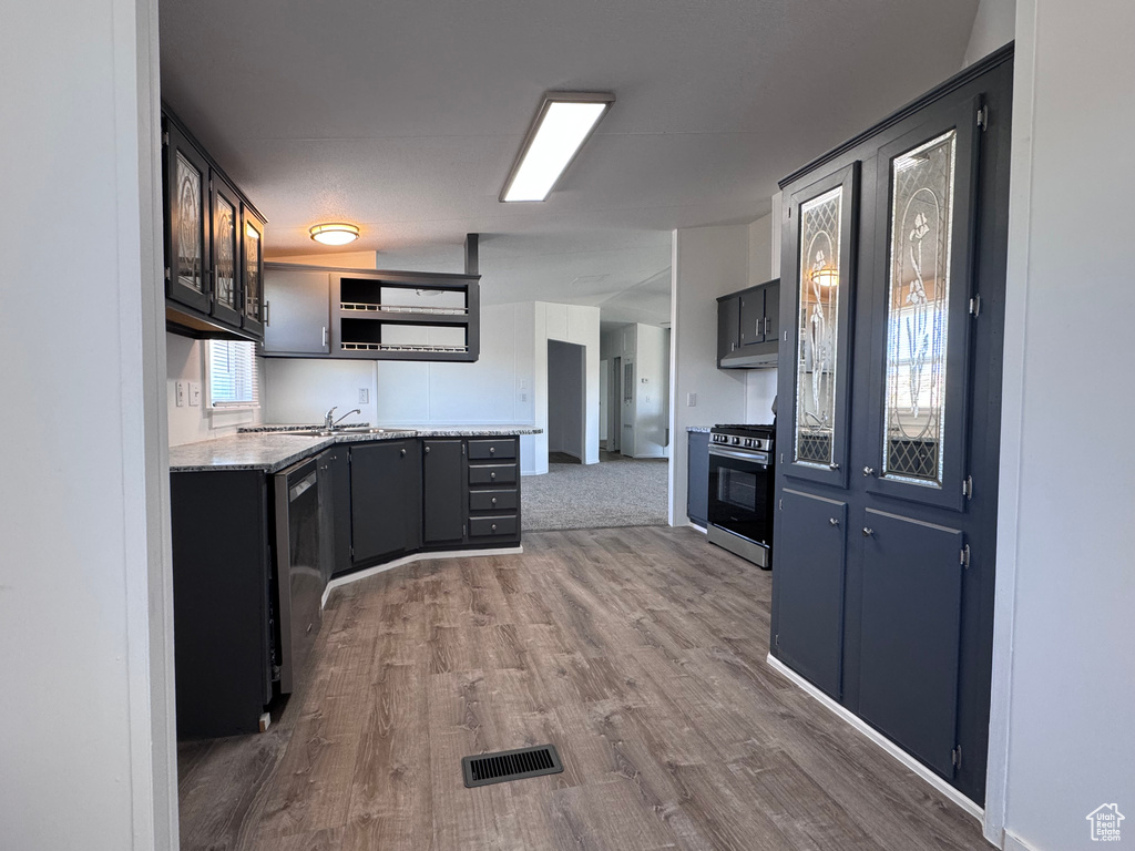 Kitchen with stainless steel appliances, dark wood-style flooring, a sink, open shelves, and under cabinet range hood