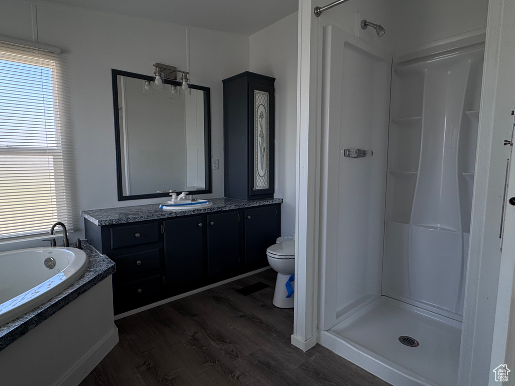 Full bath featuring wood finished floors, toilet, a stall shower, and vanity