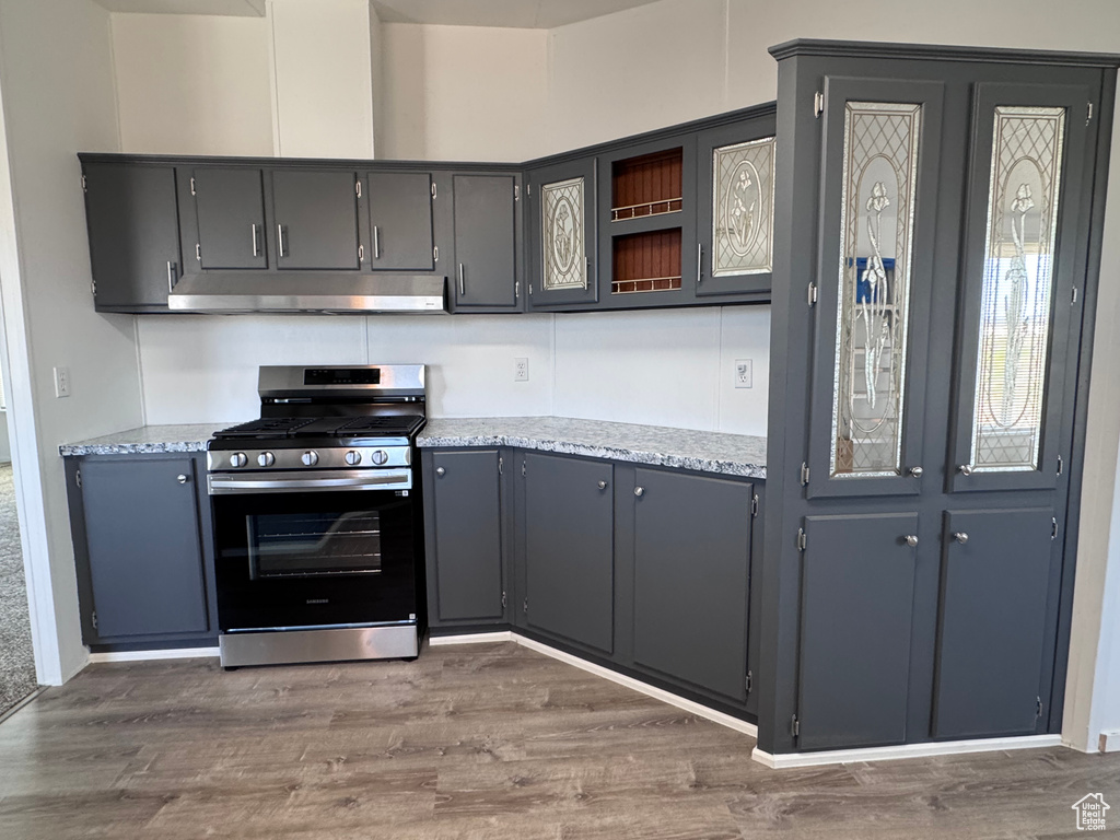 Kitchen featuring stainless steel gas range, under cabinet range hood, wood finished floors, and light stone counters
