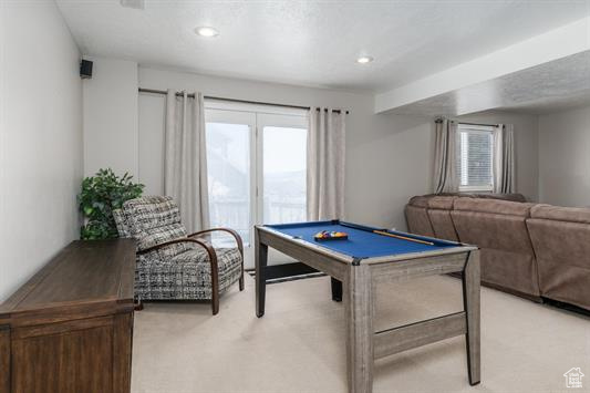 Playroom with billiards, recessed lighting, and light colored carpet