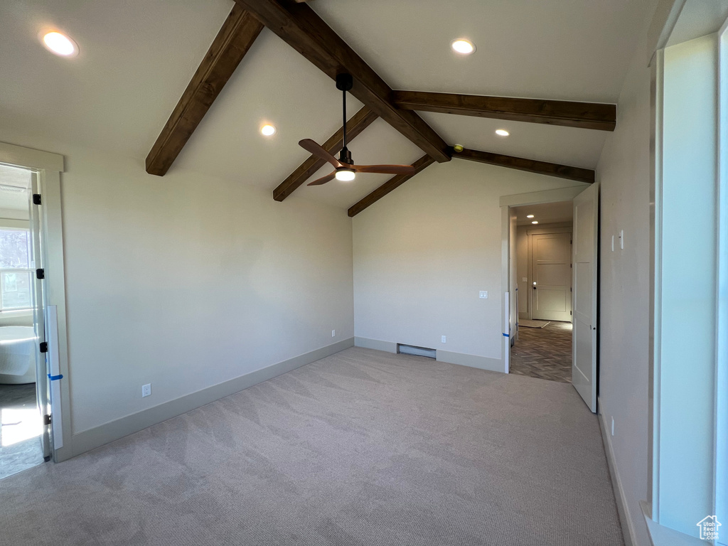 Empty room featuring carpet floors, recessed lighting, ceiling fan, and baseboards
