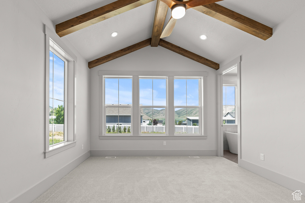 Unfurnished room featuring a ceiling fan, carpet floors, and recessed lighting
