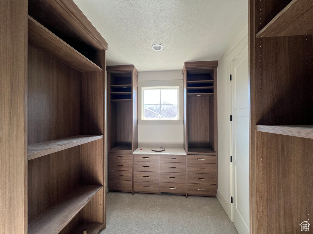 Walk in closet featuring light colored carpet