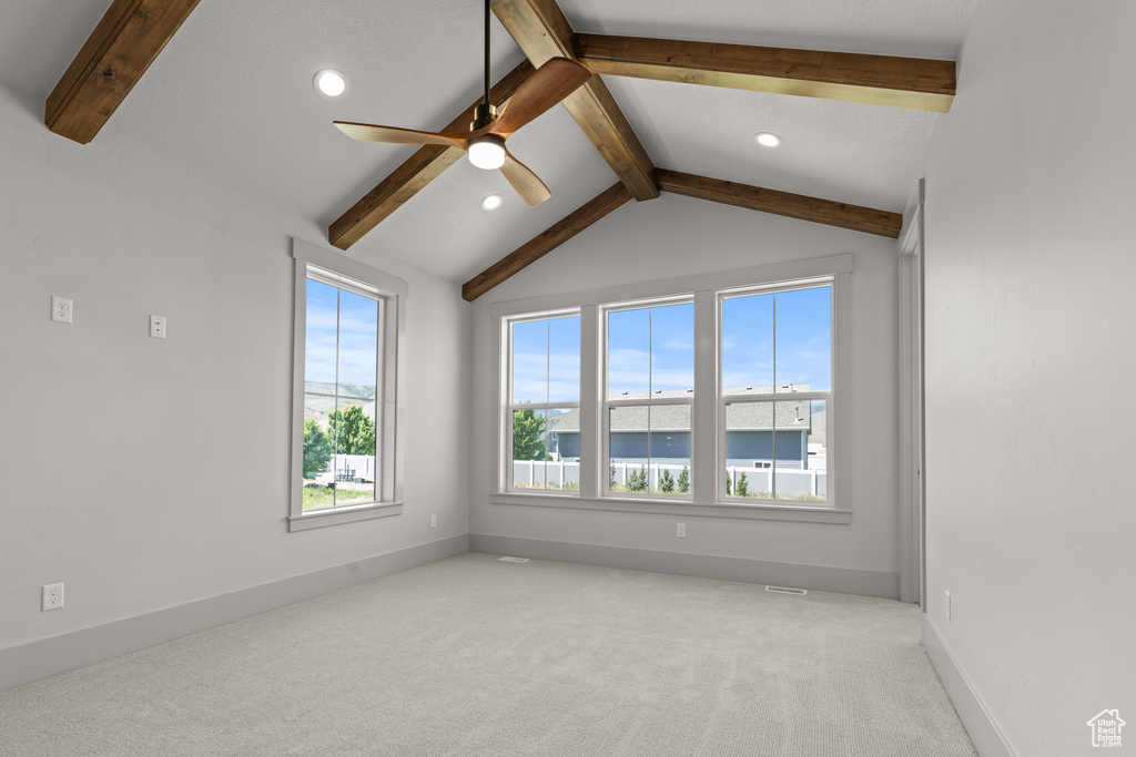 Empty room with recessed lighting, ceiling fan, and light colored carpet