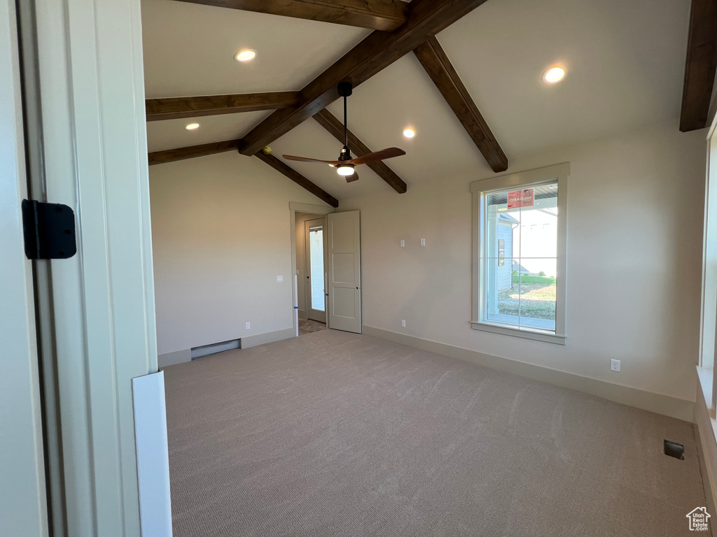 Empty room featuring recessed lighting, light colored carpet, baseboards, and ceiling fan