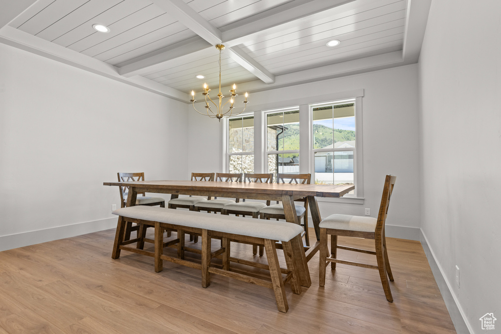 Dining area featuring a chandelier, light wood-type flooring, recessed lighting, and a wooden ceiling with exposed beams