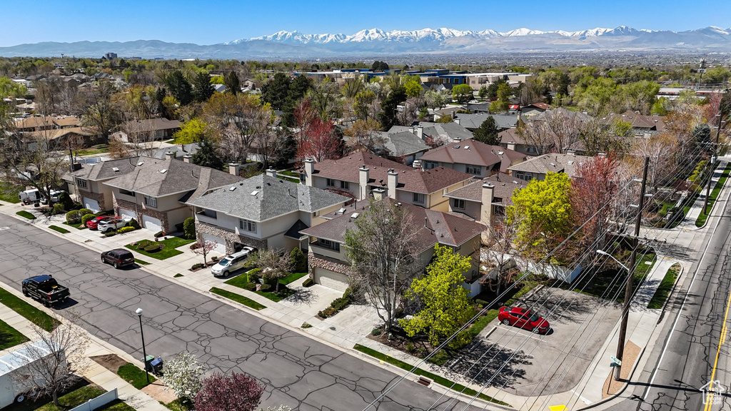 Birds eye view of property with a mountain view and a residential view