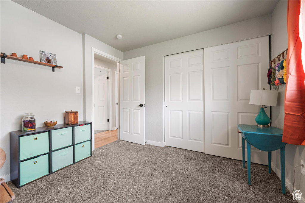 Bedroom with a closet, baseboards, and carpet floors