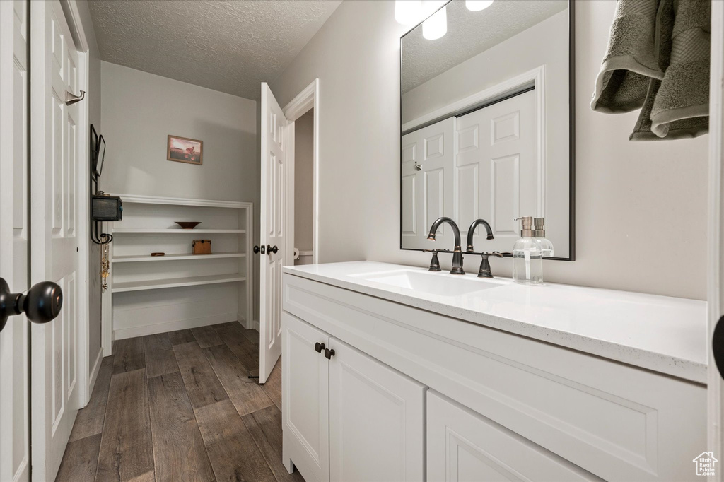 Bathroom featuring vanity, wood finished floors, and a textured ceiling