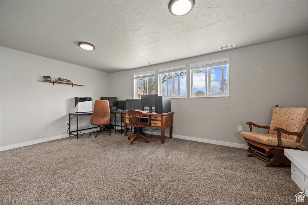 Carpeted home office featuring a textured ceiling, baseboards, and visible vents