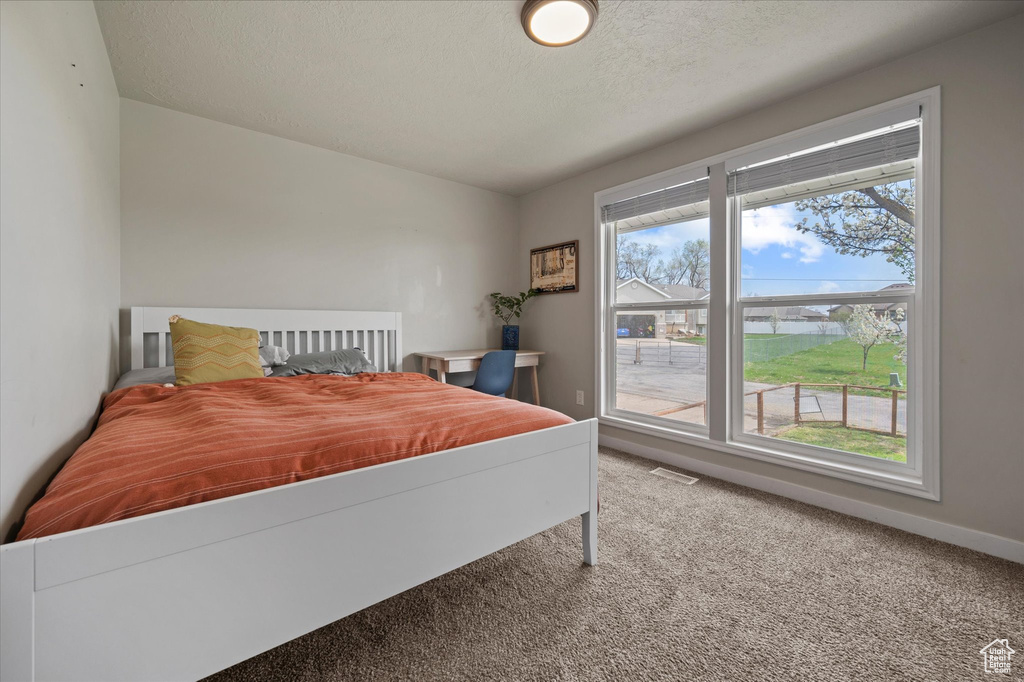 Carpeted bedroom featuring visible vents, baseboards, and a textured ceiling