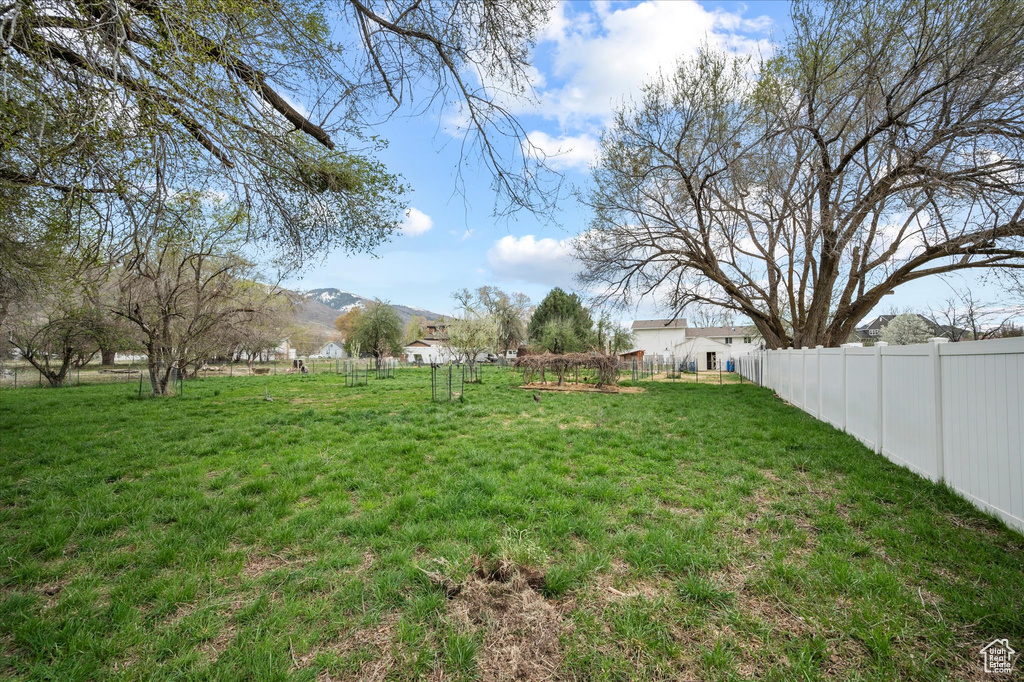 View of yard with a mountain view and fence