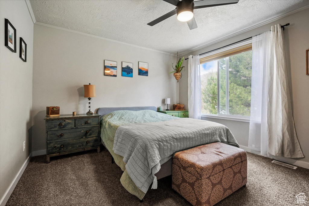 Bedroom featuring a textured ceiling, visible vents, baseboards, and carpet