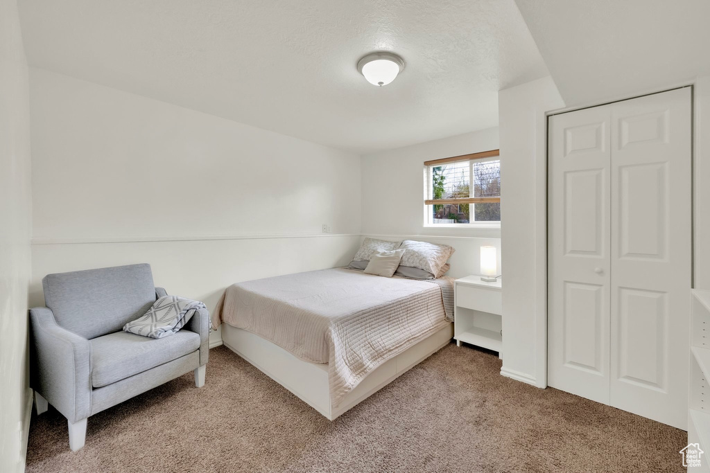 Bedroom with a closet and light colored carpet