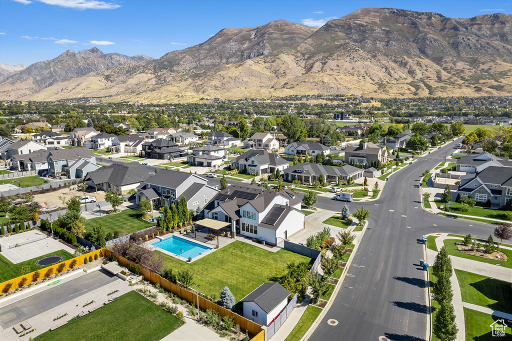 Drone / aerial view featuring a residential view and a mountain view