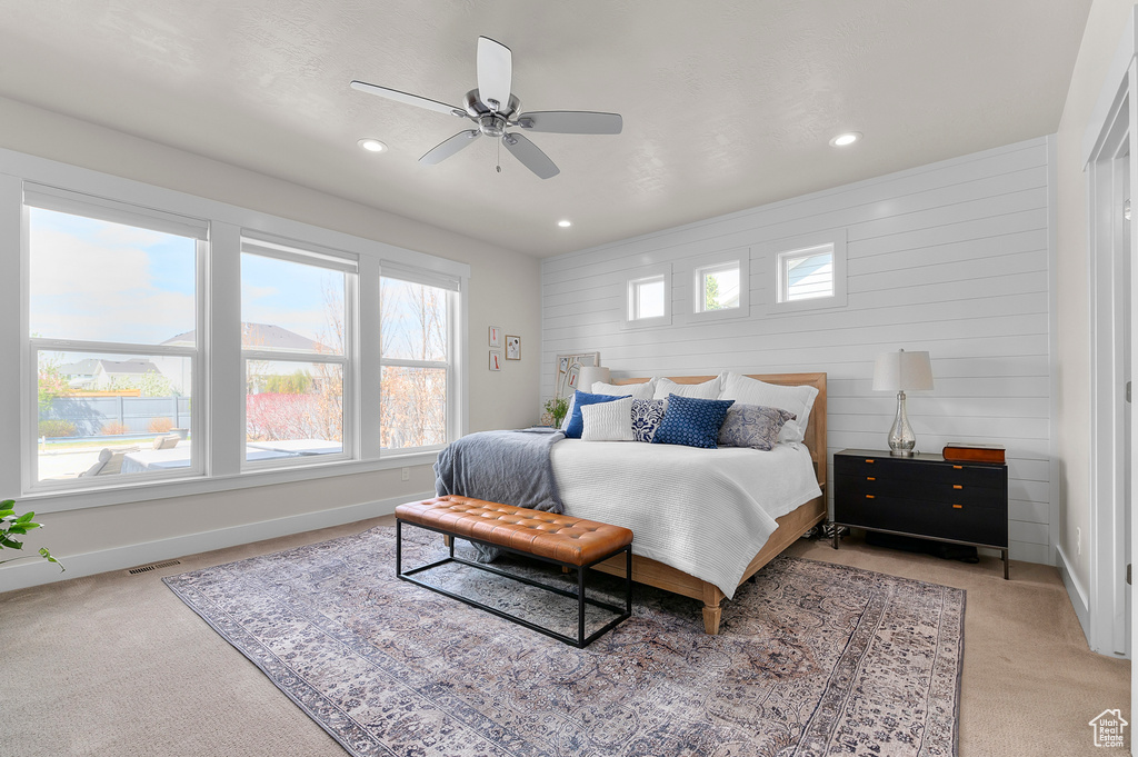 Bedroom with ceiling fan, light colored carpet, visible vents, recessed lighting, and baseboards