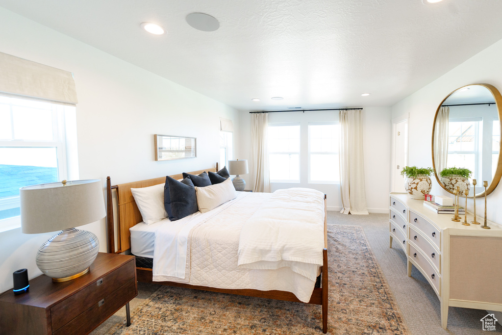 Bedroom featuring recessed lighting and light colored carpet