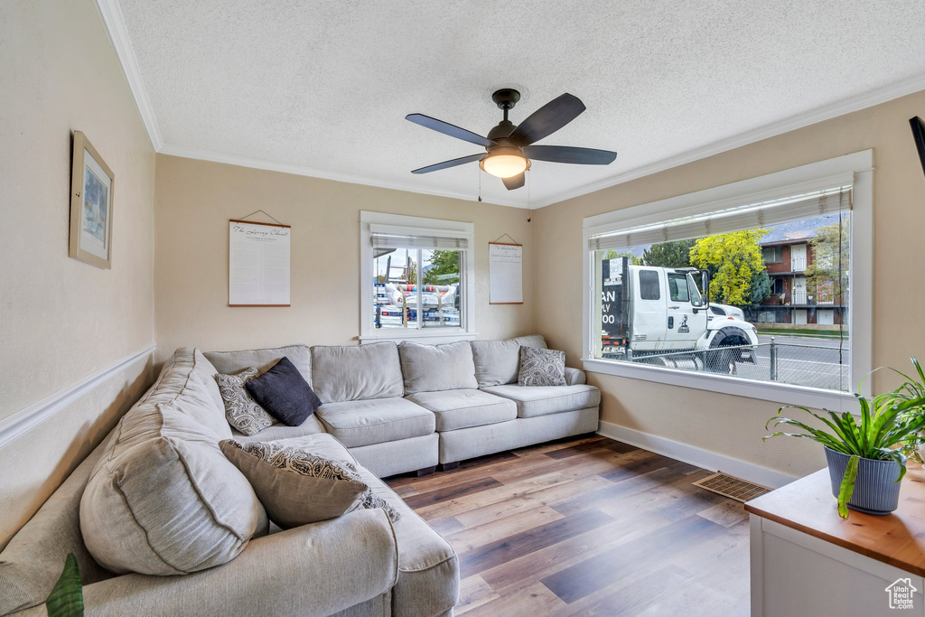 Living area featuring a ceiling fan, wood finished floors, a textured ceiling, and ornamental molding