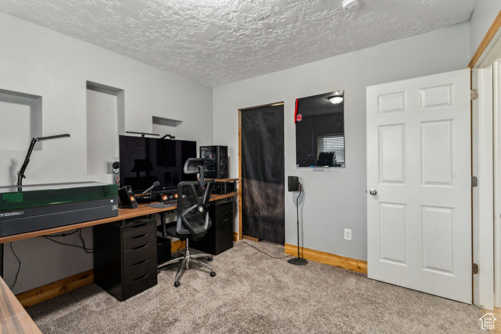 Office featuring baseboards, carpet, and a textured ceiling