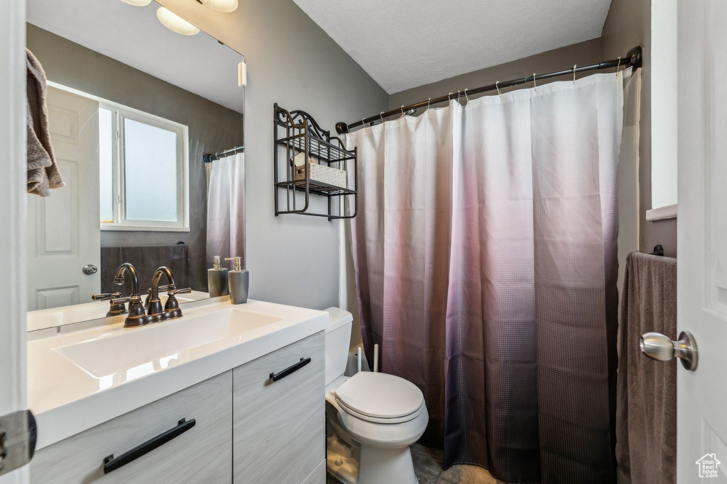 Full bathroom with toilet, vanity, and curtained shower