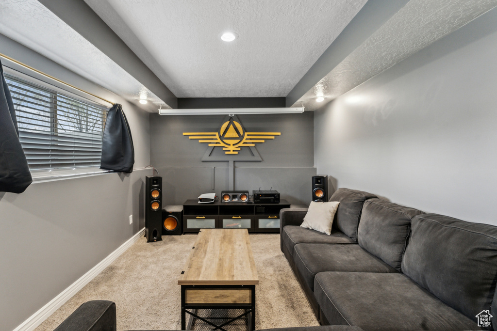Carpeted living area with a textured ceiling and baseboards