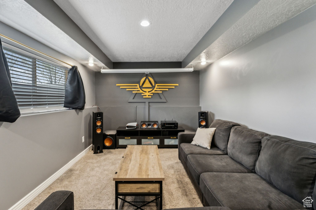 Living area with carpet floors, a textured ceiling, and baseboards