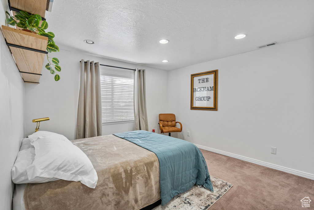 Carpeted bedroom with baseboards, visible vents, and recessed lighting
