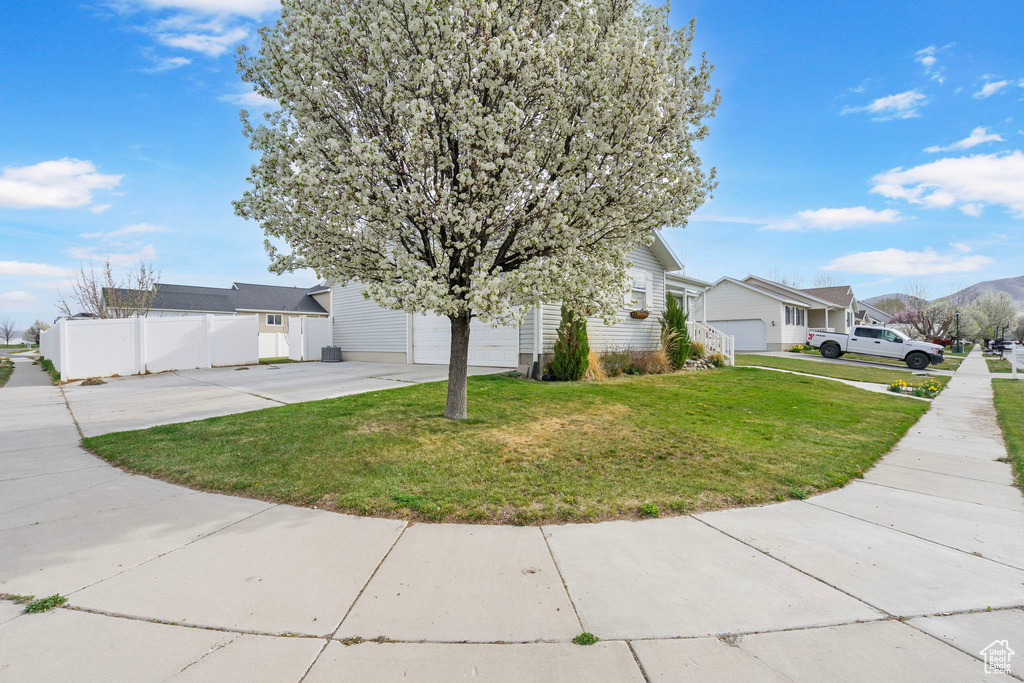 View of front of property with a residential view, driveway, a front yard, and fence