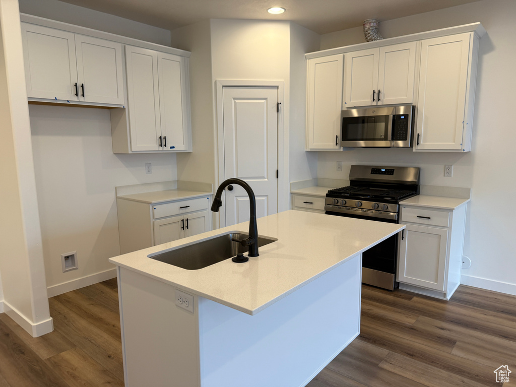 Kitchen with recessed lighting, a sink, dark wood-type flooring, baseboards, and appliances with stainless steel finishes