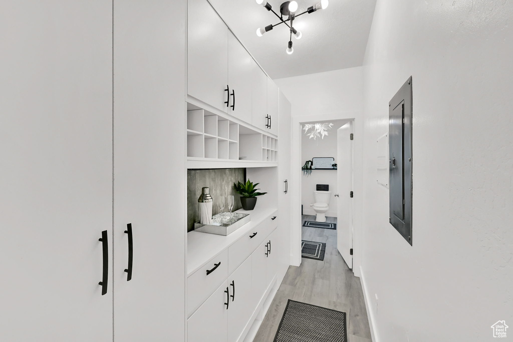 Walk in closet featuring electric panel, a chandelier, and light wood-type flooring