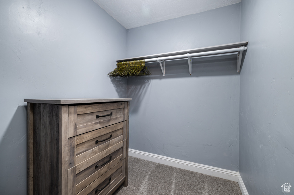 Spacious closet with dark carpet