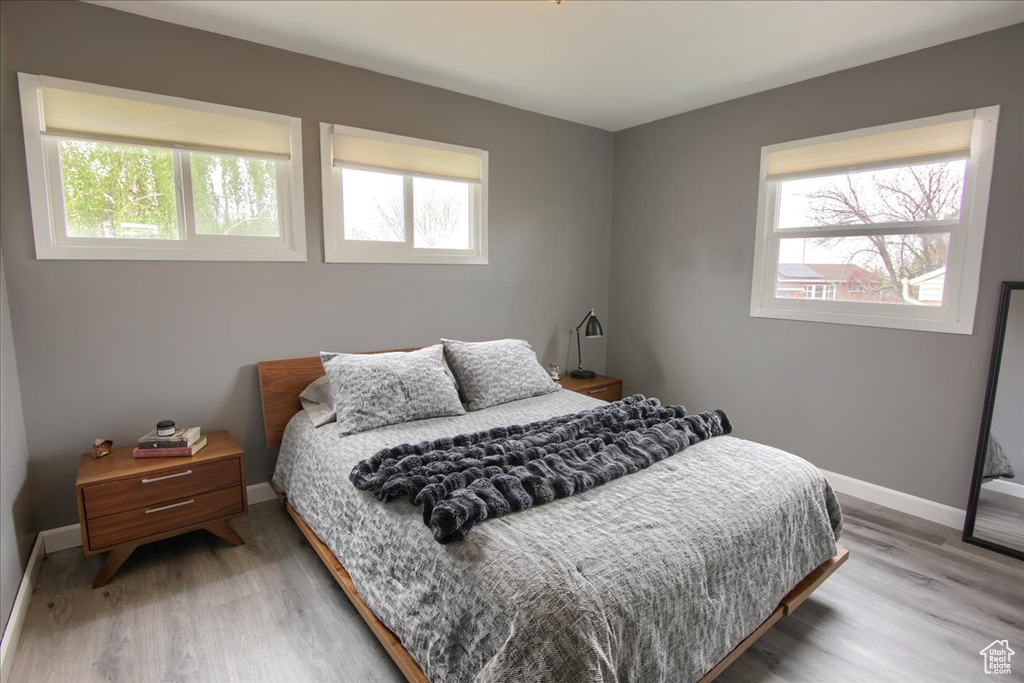 Bedroom featuring baseboards, wood finished floors, and multiple windows