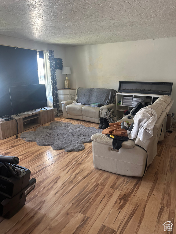 Living room featuring hardwood / wood-style floors and a textured ceiling