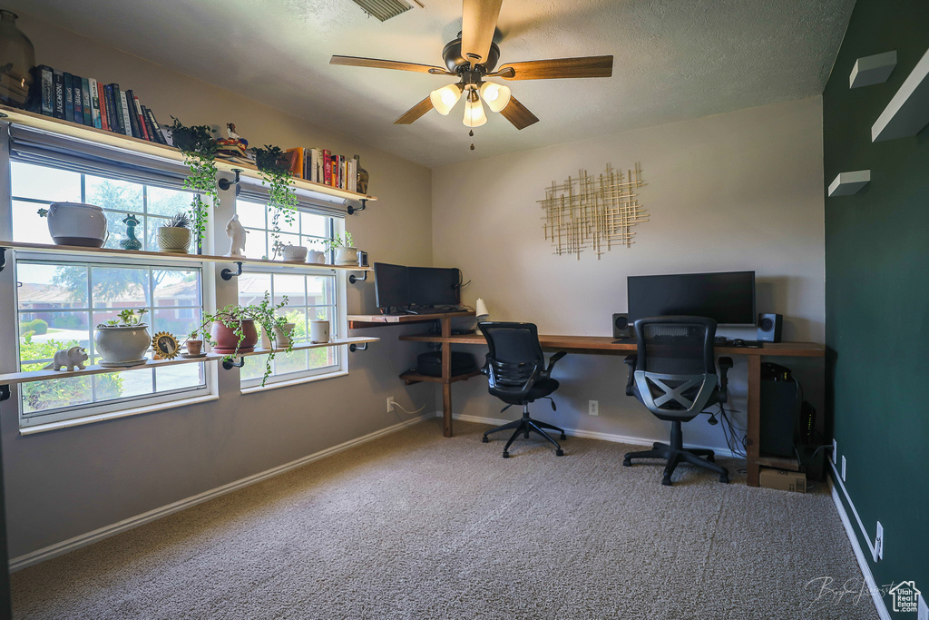 Home office with a ceiling fan, baseboards, and carpet floors