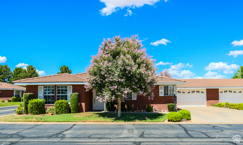 View of front facade with an attached garage, a tiled roof, brick siding, and concrete driveway