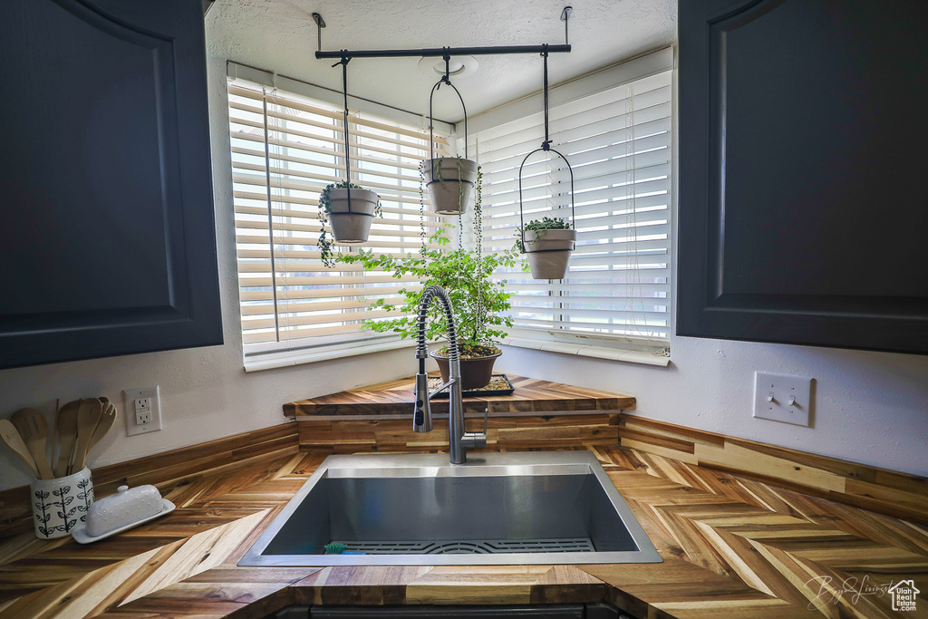 Interior details featuring a sink and wooden counters