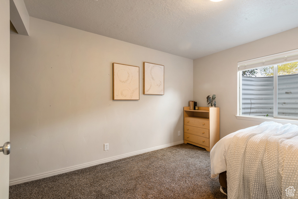 Bedroom featuring carpet floors, a textured ceiling, and baseboards
