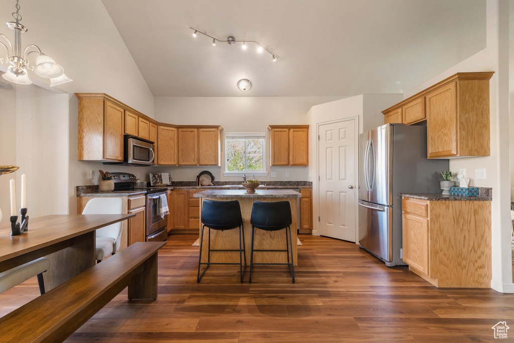 Kitchen featuring vaulted ceiling, a breakfast bar, appliances with stainless steel finishes, dark wood-style floors, and a kitchen island