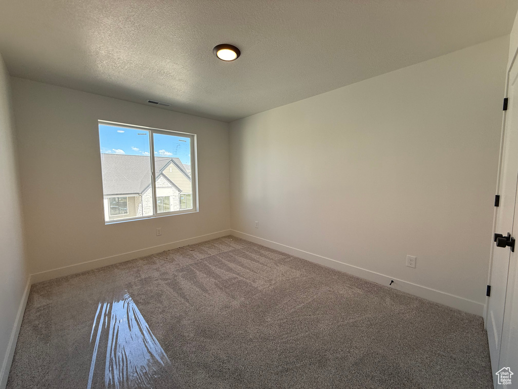 Empty room featuring carpet, baseboards, and a textured ceiling
