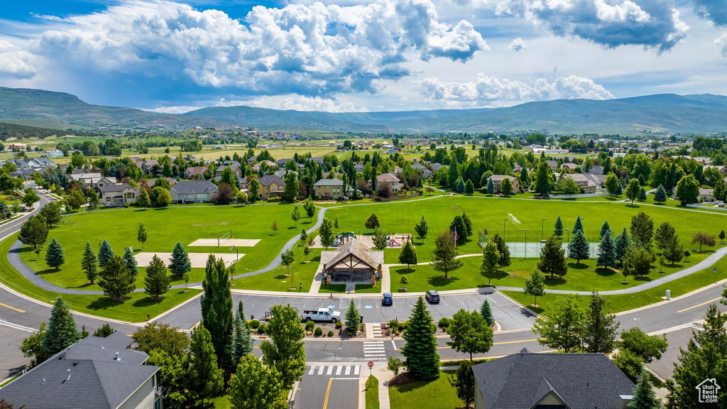 Drone / aerial view featuring a residential view and a mountain view