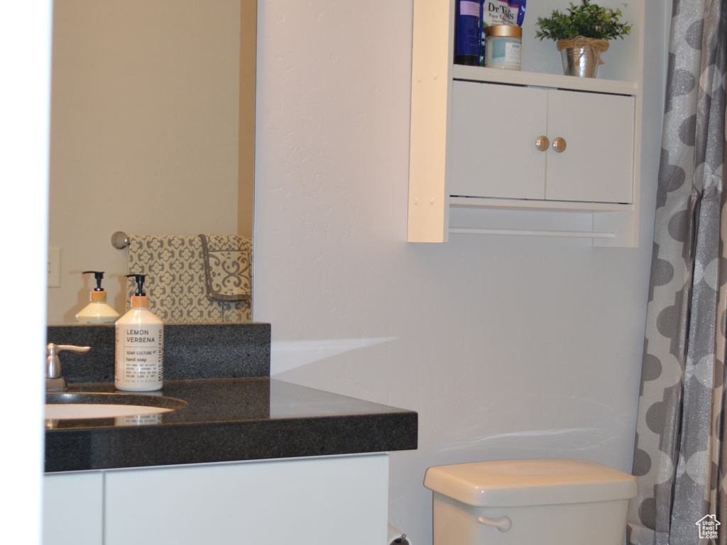 Full bathroom featuring toilet, a shower with shower curtain, vanity, and baseboards