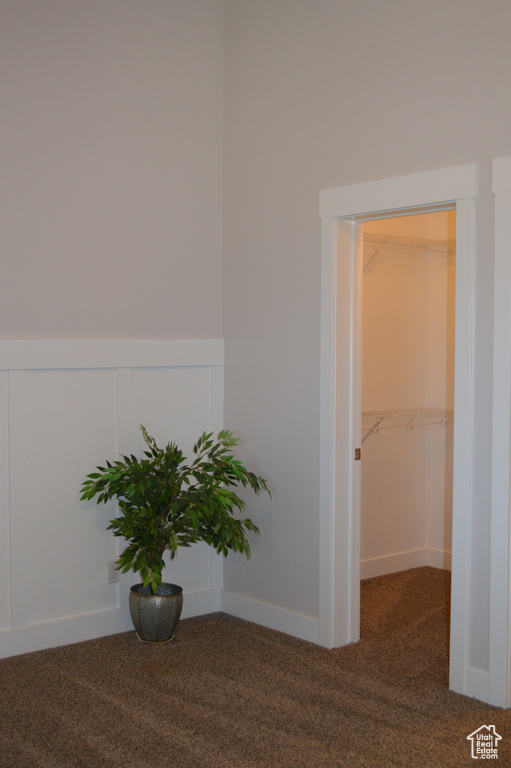 Corridor featuring a wainscoted wall and carpet flooring