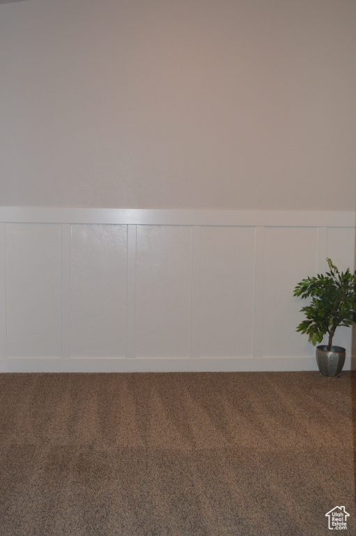 Details featuring a decorative wall, carpet flooring, and a wainscoted wall