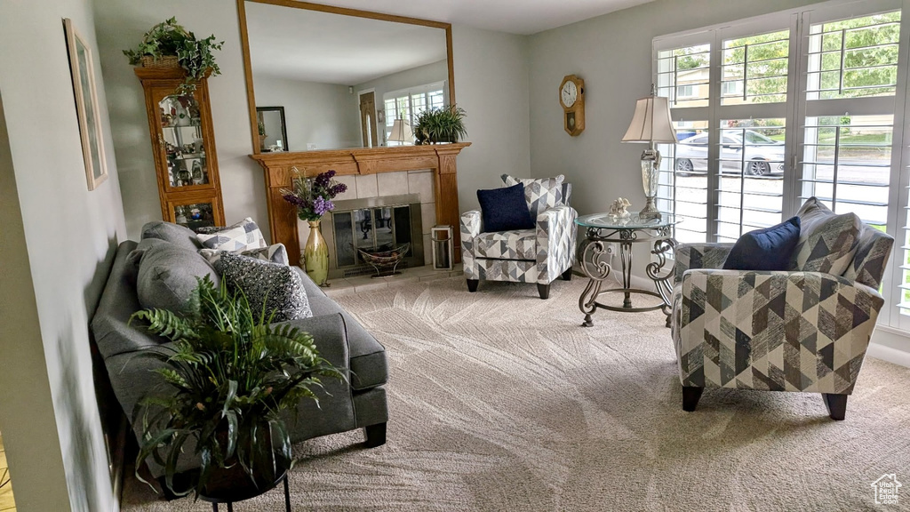 Living room featuring carpet and a tiled fireplace