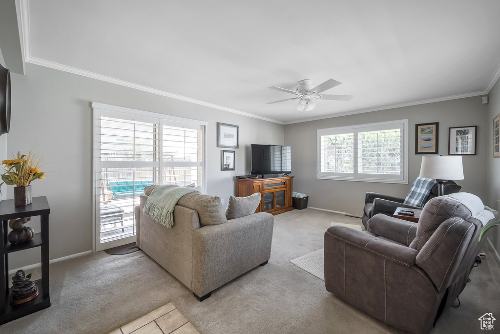 Living area with light colored carpet, a ceiling fan, baseboards, and crown molding