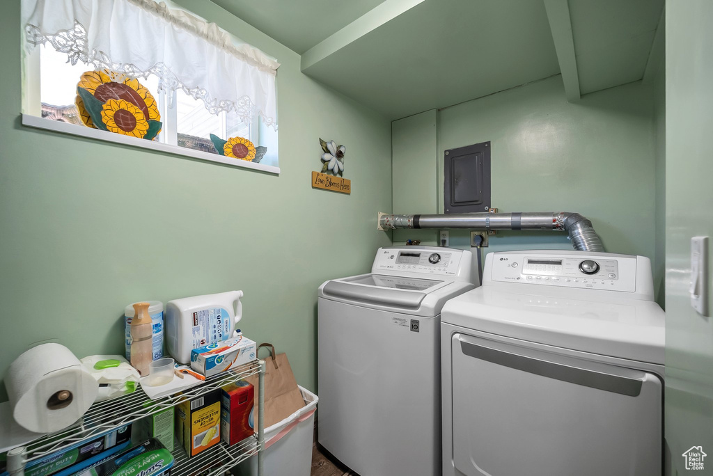 Laundry room with separate washer and dryer, electric panel, and laundry area